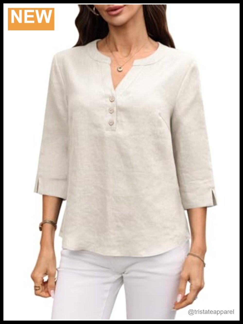100% Linen 3/4 Sleeve Button V Neck Henley Tunic Top Summer Casual
